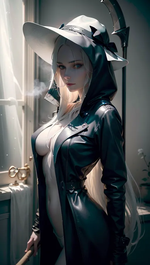 A professional photograph, (1 hot woman Grim Reaper (36) (naked) in a (very long black leather trench coat) is ((holding firmly the grip of a scythe)) next to a dead body in a bed), ((front view)), (hood on her head), she has extremely long (white hair), soft (white skin:1.8), (warm smile:1.4), (softness:1.6), ((close-up face:1.4)), (steam:1.6), perfect breast, beautiful ((big (shiny blue) eyes)), beautiful lips, beautiful face, highly detailed, perfect hands, five fingers per hand, bright sunny day light flowing with (god rays:1.3) from side windows, dead body in a bed, ((dream atmosphere)), cinematic lighting, ((cinematic composition)), 32k, HDR, highest quality, highest resolution, (photorealist:1.72), (photorealism:1.72), (masterpiece:1.18), --s 750 --v 5.2