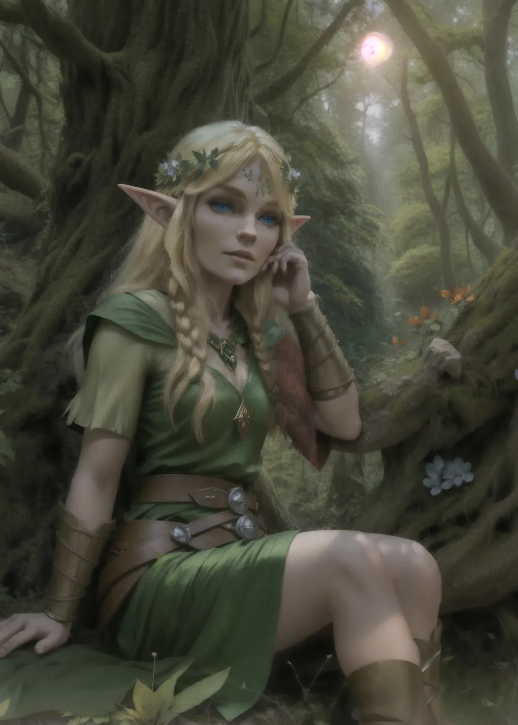 Dungeons and dragons elf female druid, sitting in a lush sunny forest, long grass, flowers, squirrels, blonde hair, blue eyes, ray tracing, 5 fingers per hand, anatomically correct, HD resolution, 8K wallpaper, wide shot, photorealistic, sexy, leaves falling, sunset, warm lighting,