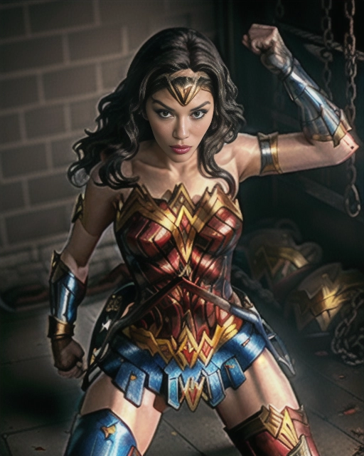(((Wonder Woman))) in chains inside a filth dark prison, tears, shredded costume, blood, cum all over he body, mouse running on the floor