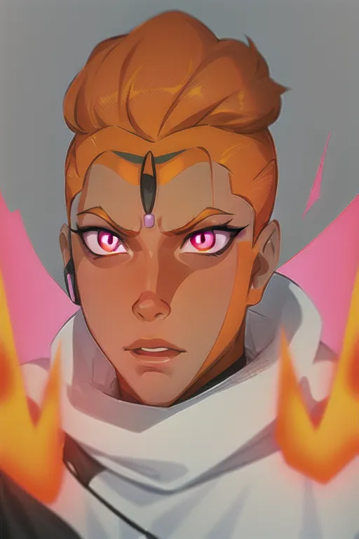sam yang,1person ,gender neutral androgynous ,orange colored messy mullet hairstyle with pink sweatband ,combustion bending third eye between eyebrows on head, wavey eye lines coming from third eye, fairy pokemon trainer , orange long striped coat with yellow inner shirt , orange starry eyes star shaped eyes , very excited expression , black and white scarf checkered around neck, future visor and headphones on orange colored, chibi tron inspired future clothing, dj equipment booth ,fire and flames of ddestruction in background ((masterpiece)) <lora:dpmg_sam_yang:1>
