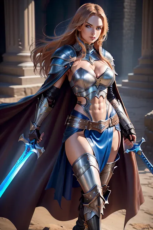 single woman wearing leather and metal armour, long cape, knee long skirt, leather boots, medium breasts, cleavage, toned body, abs, slender, bare waist, very beautiful face, blue eyes, holding sword,