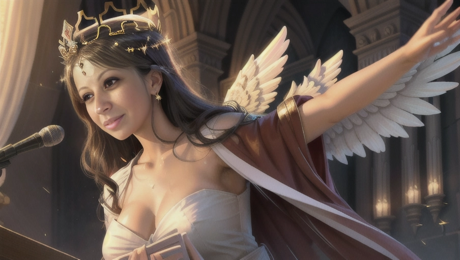 a 64k high detailed photo, ((female)), Intimacy, saint, priestess, religion, Sex Religion Tones, Intimacy Religion, Ultra Detailed, Best Quality, Most Detailed, (Angel Wings), Angelic Lighting, Love, Hope, Magic casting, Crown, Queen, Smiling, happy, Glory, Warrior, Angels, Angelics, Positivity, Happiness, ecstasy, enraptured, sweaty, saving, God, Royalty, Morality, Goodness, True Good, Power, Force, Authority, Ethical, Saviour, Halo, Always and Forever Sentimental, in heat, hot, ultra hot, best, best lighting, tantric, Neutral, Brilliant, Logical, Compassionate, Perfect, Perfection, Exciting, Integrity, Winged, Courage, Purity, Harmony, Beauty mark on upper lip, Family, Titan, Primordial, Protogenoi, Happiness, Happy, True Happiness, The Light themes, Heavenly Themes, Life, Death, The Rise, clean, Sexiest, Prettiest, Most, Beautiful, Angelic, Speech, ecstasy impression, (Happy Expression) ((Love Worship)) (with colourful Robes)