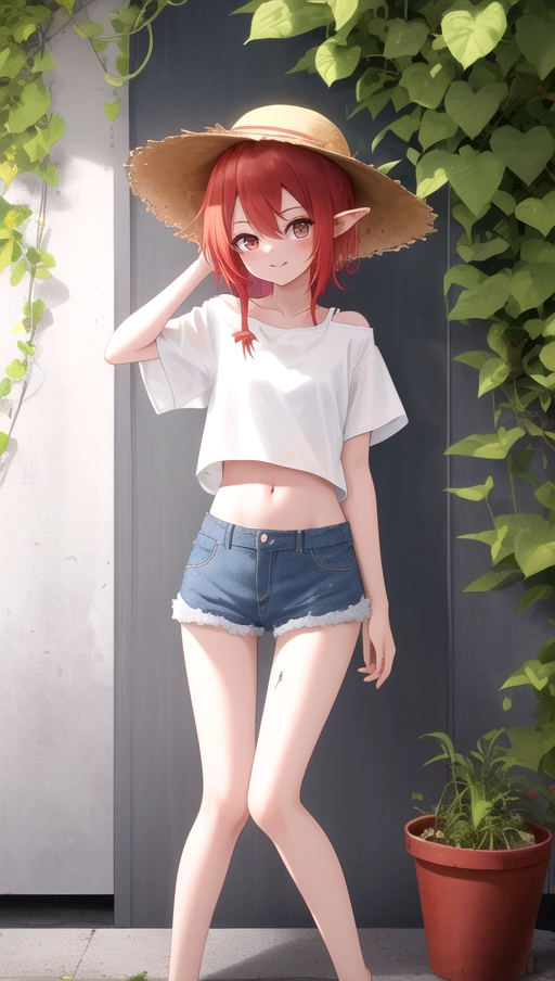 A young and cute farmer human goblin girl, with red hair and a straw hat, she has green tint skin, wearing a loose white crop t shirt and very short denim shorts, that show her legs and bare feet, tummy, navel, midriff