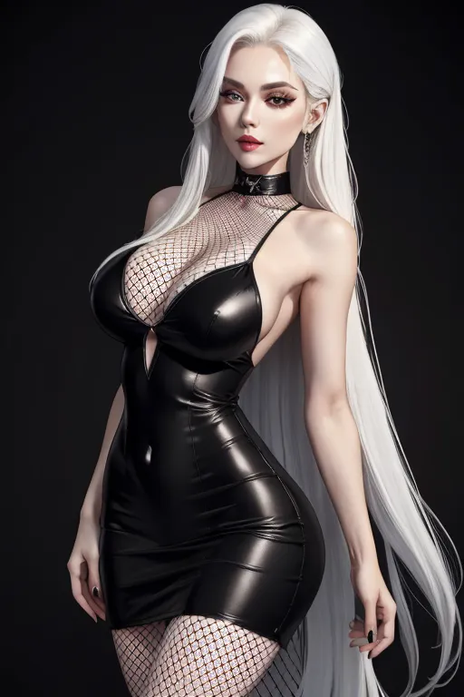8k, masterpiece, extremely detailed young woman, beautiful detailed face, long white hair, slim body, sexy two piece black dress, full body black fishnets