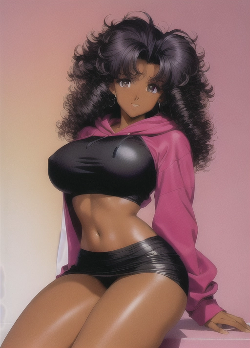 (((90s anime art style))),(masterpiece), absurdres, smooth, soft lines, soft edges, perfect edges, (soft lighting), (soft glow), perfect anatomy, detailed background, hair with great details, perfect eyes, perfect face, (looking at viewer),
lip gloss, smiling, ((flushed cheeks)), erotic, sensual,((office background)), hand on hip
((curly black pixie cut)), ((puffy hair)), thick thighs, wide hips, small breasts, ((dark skin)), ((extremely dark skin color)), tall slim athletic build, athletic, hoodie, long skirt,