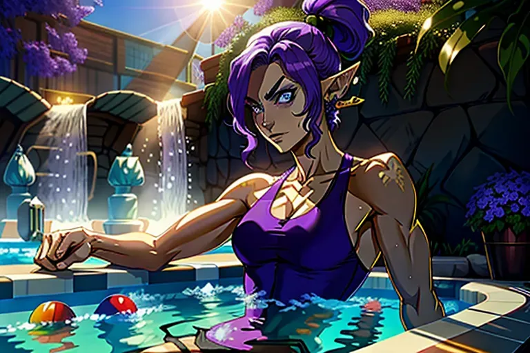 digital art, 25 year old, an elf, fit, tank top, purple, pool, day time, sunlight, angry, 8k, professional