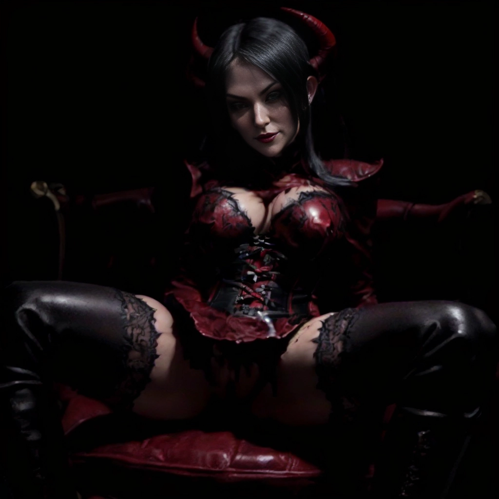 Intricately detailed Full body, professional photograph of seductive royal vampire female, European, with red devil horns, leather corset uniform with bondage influences, thigh high leather boots, sitting on chair in luxurious fantasy castle, gothic architecture in background, toned abs, toned legs and hips, huge breasts, DD, big ass, heart shaped, pretty face, angular face, high cheekbones, seductive expression, lustful expression, playfully seductive, devilish smile, black hair, amber red eyes, fangs visible, masturbating, fingers in pussy, pussy dripping, succubus, sexy, shallow depth of field, cinematic lighting, photographed on a Sony a9 II Mirrorless Camera, highly detailed, soft focus, Underworld film still, HDR, 8k resolution, <lora:dpmg_fingering:1>