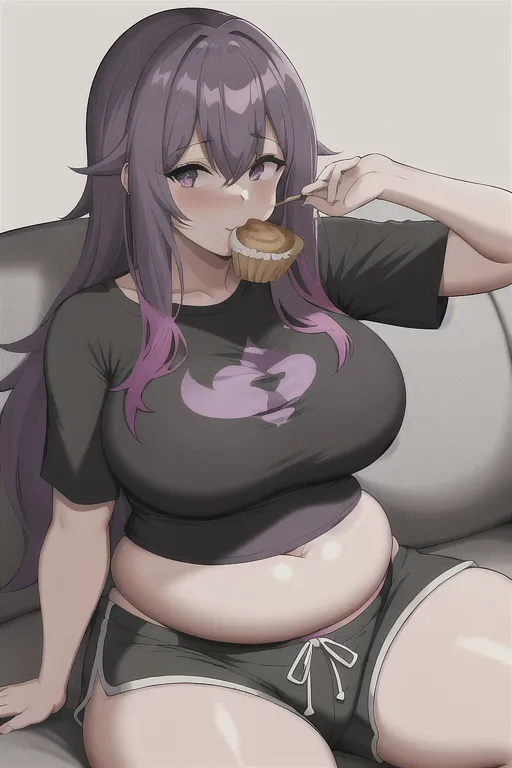UHD, 1girl, milf, onee-san, cocky, sitting on couch, eating, snacking, muckbang black gray shorts, bright purple t-shirt, very fat, big belly, muffin top, chubby, wide waist, overwight, obese, growing, too fat, weight gain, anime style, vibrant colors, bright colors,