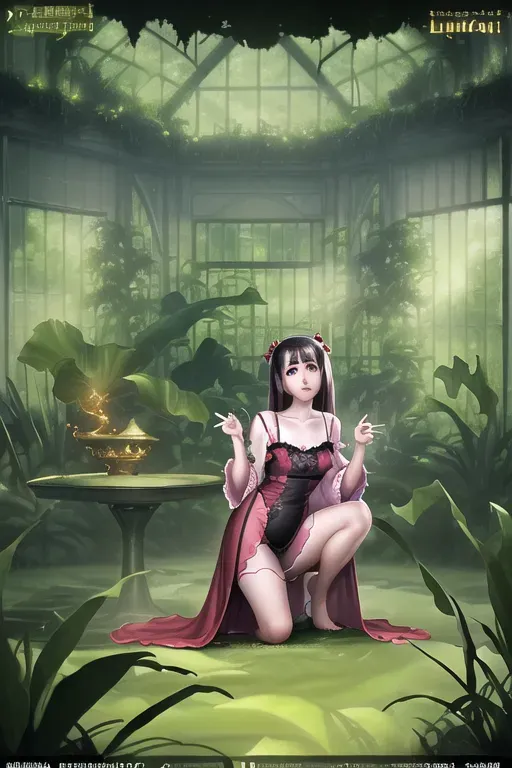 a digital art of,iu,wearing nightgown,kneeing,in a lush greenhouse,small breasts,five slender fingers,charming face,beautiful lips,black eyes,curved eyebrows,erotic,wearing golden ring,professional,editorial,unreal engine,sharp focus,artstation