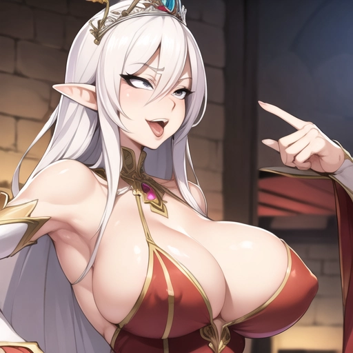 tall elf queen royal dress, silly, muscle, teasing, provoking with tits, accidental sideboobs, (ahegao:1.2), elegant, sophisticated, mistake,