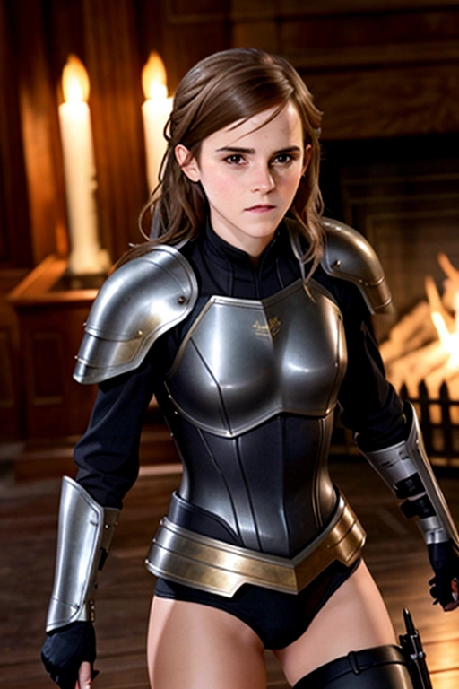 Emma Watson, knight, no helmet, in skin tight armor, sexy,hyper realistic, sexy pose,big thighs,realistic face, show legs