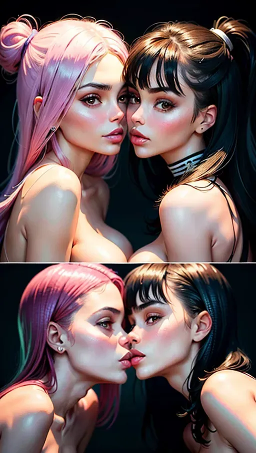 2 girls, best quality, (((ultra high res))), (detailed face and eyes), ((Victoria Justice and Kylie Jenner kissing)), ((face closeup)), single, perfect breasts, giant breasts, topless
