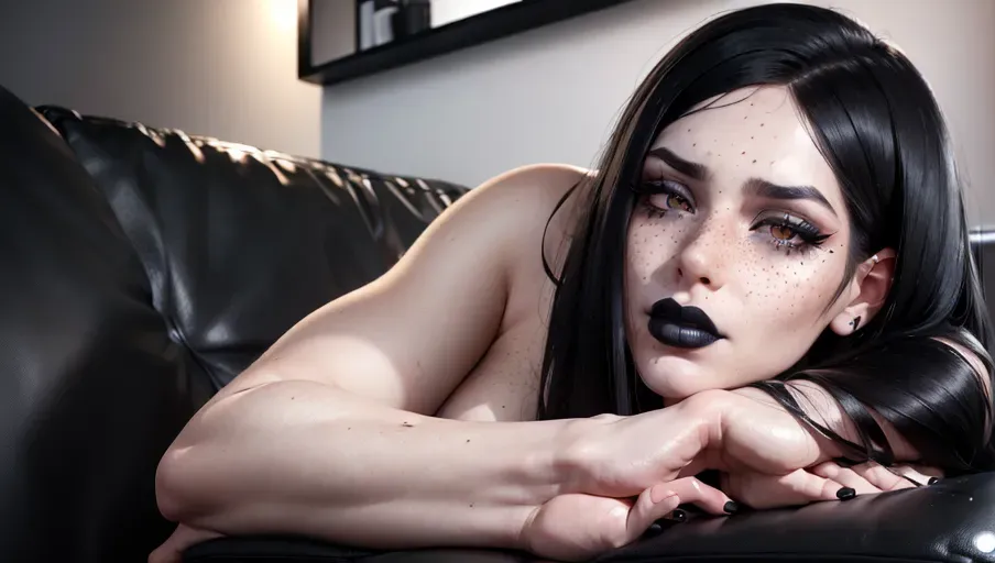 (((replicate inspiration face))), freckles, black lipstick, black hair, absurdly long black hair, lying exhausted on the sofa after a day of hard work