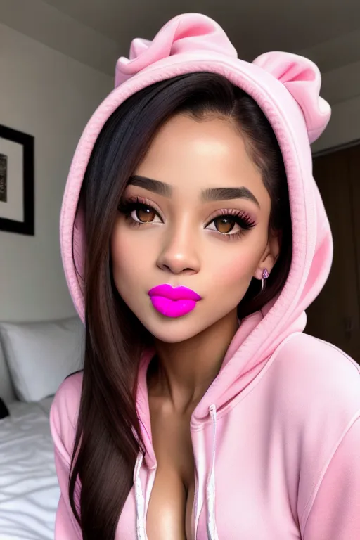 masterpiece, higher angle shot, full body photo, high quality digital art of, light skin brazilian girl, detailed face, charming face, medium breast, pink clothes, wearing crop hoodie, showing underboob, no pants, on bed, charming smile, submissive girl, beautiful large pink lips, gorgeous big eyes, (((biting on her lip))), cum on face, cum on lips