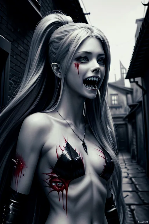 Avril Lavigne naked, ultra detailed face, 64k, vampire, sharp teeth, fangs, blood on chin, menacing eyes, hungry expression, dark alley, body modification, ultra detailed body image, 4k,