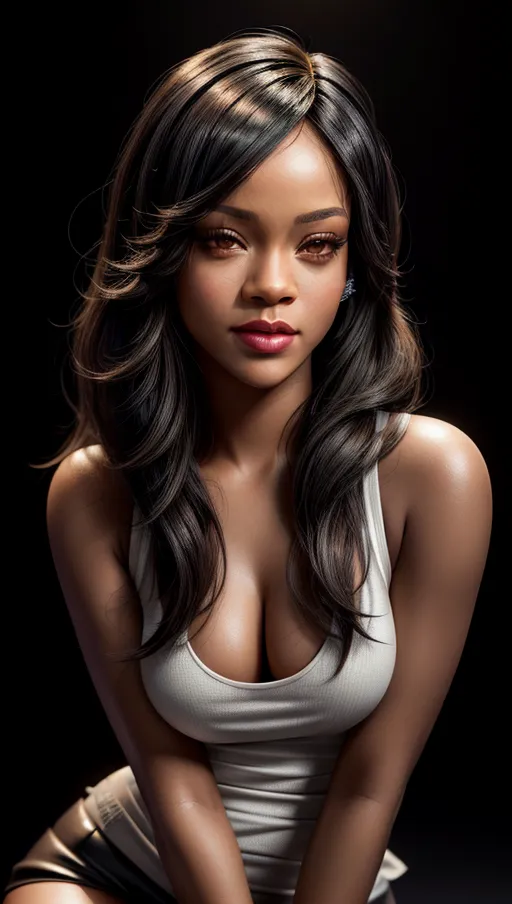 A high resolution highly detailed portrait photography of Rihanna, seductive smile, glamorous hairstyle, cleavage,
wearing a white tank top,
realistic detailed hair, realistic detailed skin, realistic detailed eyelashes, detailed eyes,
professional makeup, accurate skin,
accurate eyes, accurate teeth, accurate mouth, accurate skin color, accurate skin tone,accurate hair color, accurate hair tone,
pretty teeth, textured skin, pores,
masterpiece, crystal clear, subsurface scattering, professional lighting, black background,
<lora:dpmg_add_detail:1>,
(RAW photo:1.2),
(photorealistic:1.4),
(masterpiece:1.4),
(best quality: 1.2),