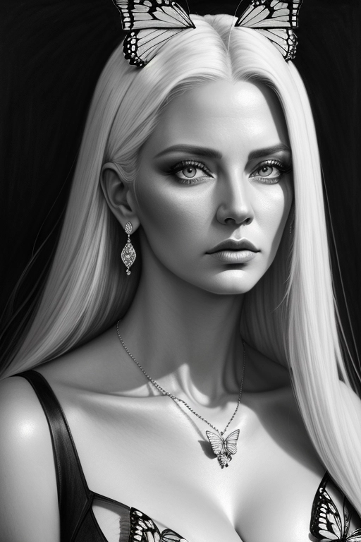 1girl, leaning forward, masterpiece, best quality, highly detailed, ((Pencil Drawing)), Studio lighting, black and white, (((portrait))), (head turned), no smile, diamond necklace, white hair, long hair, age 45, butterfly effect