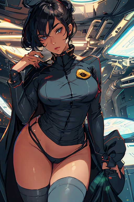 It is the year 3033, we are all a part of an interstellar empire, we see a beautiful imperial navy doctor, she is the chief medical doctor on my starship, she is dark skinned black woman, she is cute, submissive, sweet, she has a short tied up hairstyle hairstyle, her hair is black, she has sexy brown eyes, dark eyebrows, wide concave nose, high cheekbones, soft cheeks, full lush lips, she has a lean curvy figure, small cup perky breasts, thin stomach, thin thighs, round thicc ass, sexy legs, cute feet, she is halfway undressed, her uniform is a dark colored military style hospital uniform, she is half naked, me and her are about to have sex, she is aroused, she is laying on my messy bed, we see her aroused pussy, aroused clit, shaved pussy, we are in my private living quarters,((high definition)), ((4k quality)), ((excellent lighting)), ((great shading)), ((pristine detail)), ((really clear picture)), ((beautiful vibrant colors)), ((accurate at lower prompt guidance)), ((ultra realistic)), (((five fingers per hand))), (((two arms per person))), (((two legs per person))), (((two hands per person))), (((two feet per person))), ((((100 percent according to prompt)))) (((detailed hi-res eyes))), (((highly detailed irises))), (((realistic pupils)))