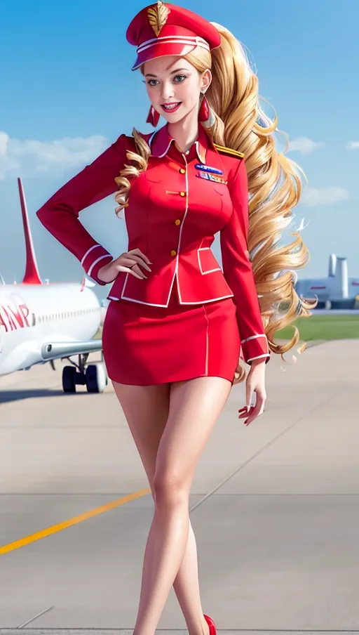 A tall gorgeous young happy flight attendant, walking outside and airplane, red uniform and cute flight attendant hat, frilly, stilettos, long curly blonde hair in a ponytail, very long legs, makeup, opulence, earrings, tanned, red neck ribbon, fit and toned