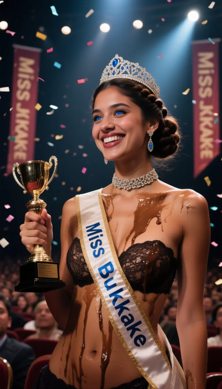 1 hot (Mexican) woman (brunette) (18 years old) (topless) (covered with cum:1.4) has just won the election of Miss Bukkake 2025, she has a shiny tiara on her braided bun hair, she looks extremely happy with a (large smile:1.3), (blue eyes:1.2), she holds her trophy, (close-up), (cum on hair, cum on face, cum dripping on breasts:1.4), perfect natural breasts, (lace choker),
she wears a sash with the text "Miss Bukkake" across her body, (dark suntanned skin:1.3),
on stage of a crowded theater, bright light coming from spotlights, vertical banners "Miss Bukkake" in background, (confetti flying around her:1.4)
