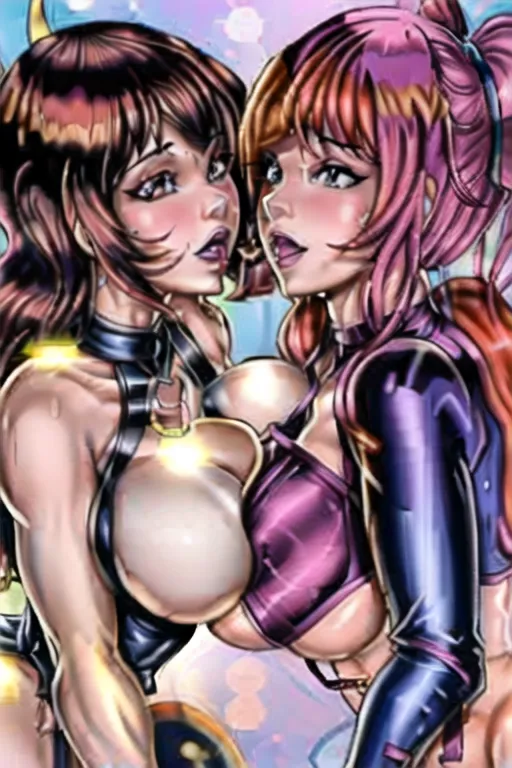 2girl, Bella Thorne as Daphne Blake from Scooby Doo, Sarah Hyland as Velma Dinkliy from Scooby Doo, in the back of the Van, By Hanna Barbera,<lora:dpmg_upshirt:.5>, shirt pulled up,large breasts,underboob,bush, pussy, at night, volumetric lighting, focused <lora:breast_press:1> <lora:yuri_kiss:1>