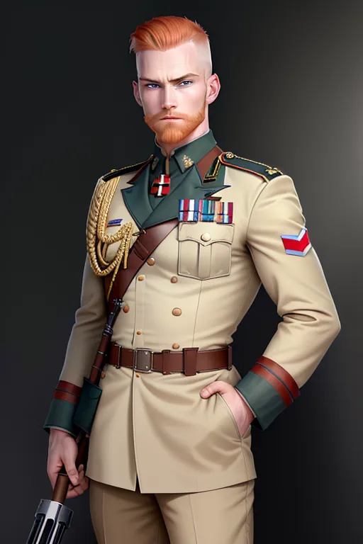 Soldier, French Foreign Legion, Sargent rank, strong, tough, shaved head, pale skin, angry eyebrows, handsome blue eyes, small nose, strong cheeks, full ginger beard, strong chin, french military field uniform, French military barret, tactical, standing aiming a realistic AR15 rifle, battle, high definition, 4k quality, excellent lighting, great shading, pristine detail, very clear picture, vibrant colors, accurate at lower promp guidence, ultra realistic, five fingers per hand.