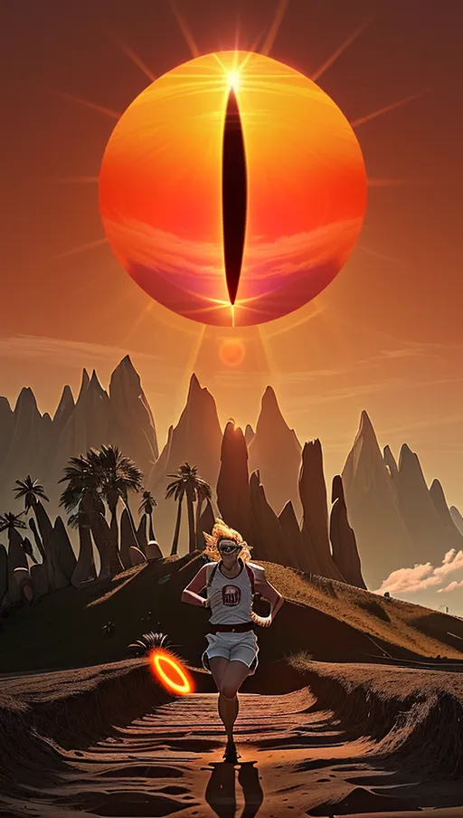 The sun in the sky has a giant vertical pupil running down the middle