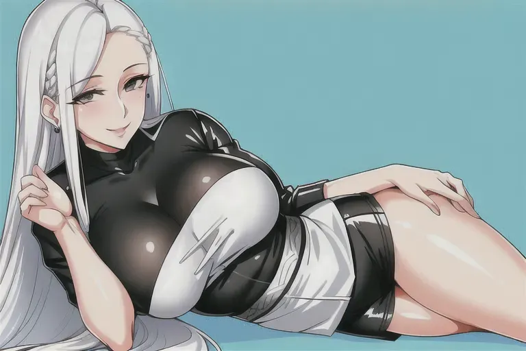 white hair, mature woman,gorgeous face,smooth skin,mole in face,nice body,motherly side plait,smiling
