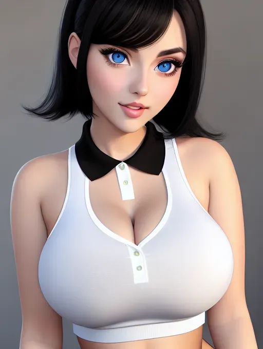 Gorgeous young European woman, photo cute attractive young face, large wide doe eyes, light colored eyes, big bimbo lips, black hair, huge perky tits, tight polo shirt, photorealistic, best quality, ultra high resolution
