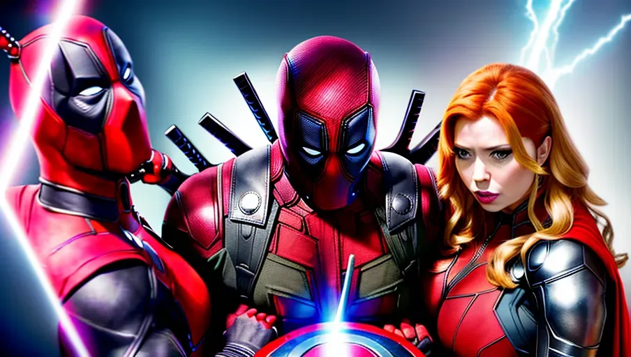 A picture of Marvel characters in an orgy, ((Thor fucking miss Marvel)), huge saggy boobs, ((black widow stroking deadpool))