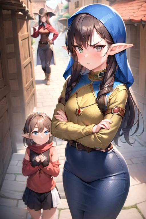 (((2girls))), elf girls, adult women, brown hair, hot, sexy, medium breasts, (((fully clothed))), (((small tear in shirt))), adventurer, (((hunter clothes))), (((medieval Village street))), beautiful, perfect image, good art, (((modest clothing))), blue clothes, angry reaction, proud face, inside, short blouse, angry face, two hands, good anatomy, normal hands,