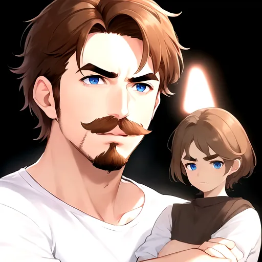(masterpiece), absurdres, smooth, soft lines, soft edges, perfect edges, (soft lighting), (soft glow), perfect anatomy, detailed background, hair with great details, perfect eyes, perfect face, 1man, ((ghibli art style)),
((Man with light brown hair)), ((very short hair)), serious, wide chin, round face, ((thick eyebrows)), shirt,
(Light brown hair), ((blue eyes)), ((pale skin)), ((short red mustache)), ((red goatee)), ((stubble)),