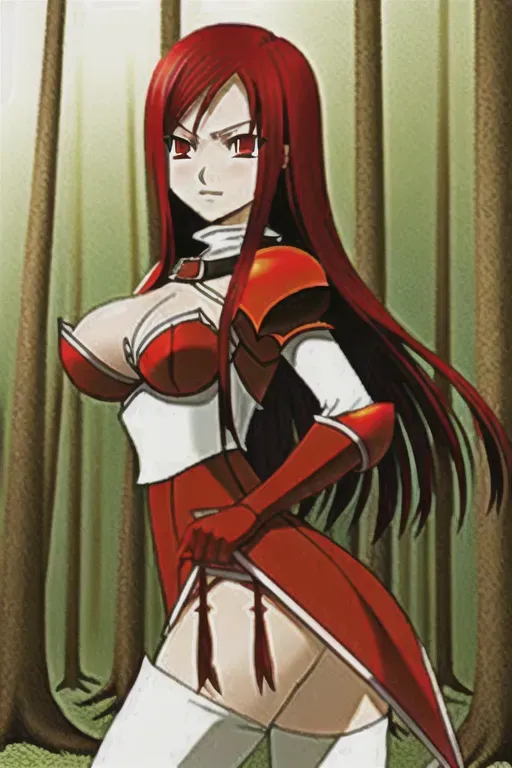 Erza scarlet, best quality, in stockings, in forest, in armour