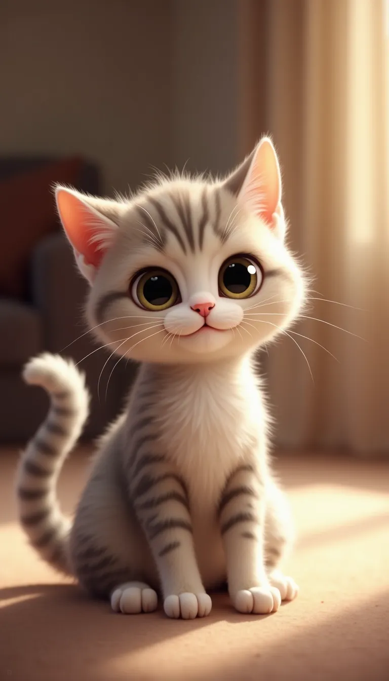 A cute cat sitting gracefully, with big expressive eyes and a fluffy tail curled around its paws. The background is softly blurred, featuring a cozy indoor setting with warm lighting. The cat has a playful expression, with its ears perked up and a slight tilt to its head. The fur is detailed, showing subtle variations in color and texture. The composition follows a 9:16 aspect ratio, perfect for a portrait-oriented image, with the cat centered to draw focus. The style is realistic with a touch of whimsy, enhancing the cat's adorable features.