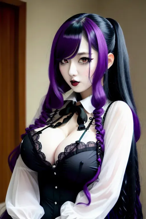 Hex maniac, large breasts, wide hips, goth girl, sheer blouse, crazy look, wild long hair, yandere, button up shirt, french girl