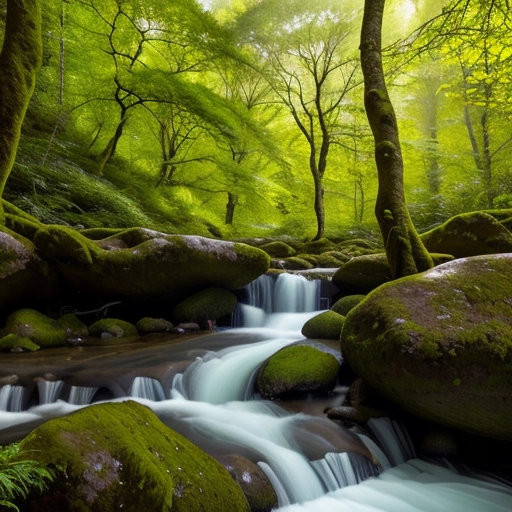 A fantasy setting in a green forest next to an idyllic stream, sunbeams stream through the trees, Your wife, a beautiful blonde woman bathes in the stream confident in her sensuality and sexual desire, her confidence radiates her allure, she accentuates her feminine voluptuous body, enticing the viewer,