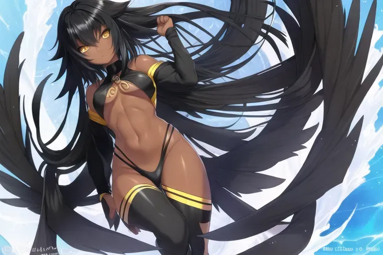 Black hair, perfect body, dark skinned, yellow eyes