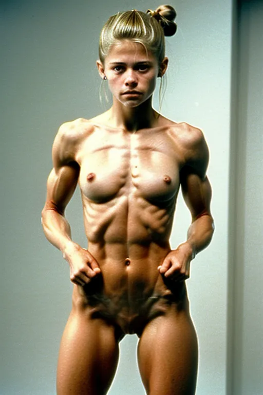 A fit and thin 18 year old fully naked Linda Hamilton, look of pain on her face, pushing her abs out, very low body fat, extremely lean body, perfect body, showing her vagina, standing on the set of a 1990's porn movie, fully nude, spreading her legs, perfectly shaped breast, blonde hair, spreading her legs wide open, hair bun