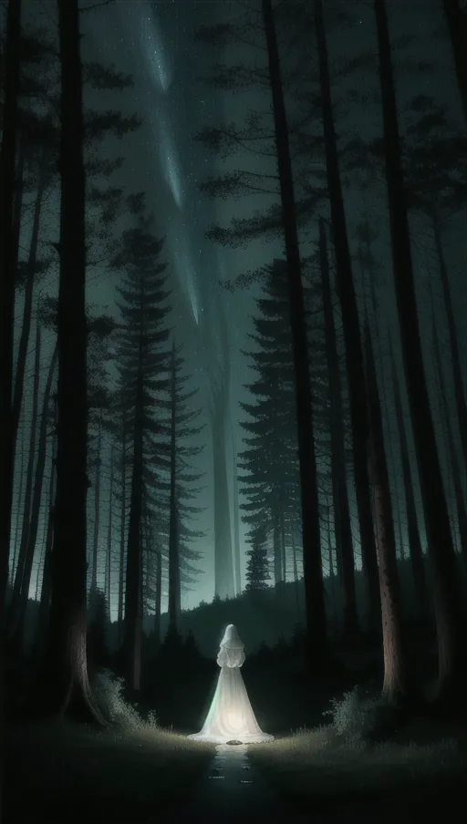 This is a woman in large hooded white dress, she is walking in very dark and intimitating woods at night. She holds in her hand a lantern to light tam in front of her so she can see and continue her walk, the only light is from the lantern she holds toward her, we don't see her face, we alsmost can't see the night sky due to the many old trees around her,
View from behind, very dark and tam light, ((lot of trees in the surroundings)), ((night)),
Extremely detailed, extremely realistic, beautiful, ((night)), (((dark))),