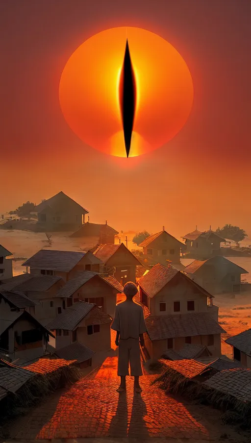 (the sun in the sky has a giant vertical pupil),
The village beneath the gigantic sunset,
