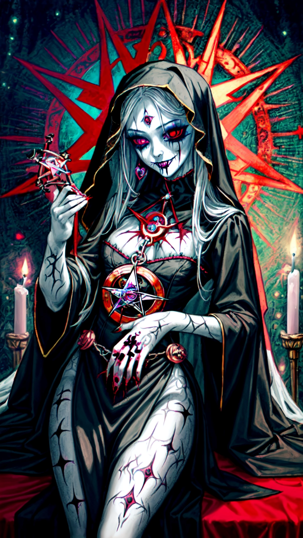 Evil, very cute face, Very sexy Photo of erotic lady of Guadalupe, NSFW, seductive smile , religious, Catholic Church, sacrilege, fertility ritual, witch, magic, sex, stigmata, wounds in palms, pentagram , (goth makeup), pale skin, skinny, tattoos <lora:dpmg_add_detail:1>