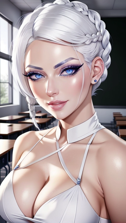 white haired girl, braided hairstyle, short hair, very special hairstyle, seductive hairstyle, elegant hair, seductive blue eyes, seductive face, exhausted face, ahegao, seductive smile, white eye lashes, in classroom, only one per