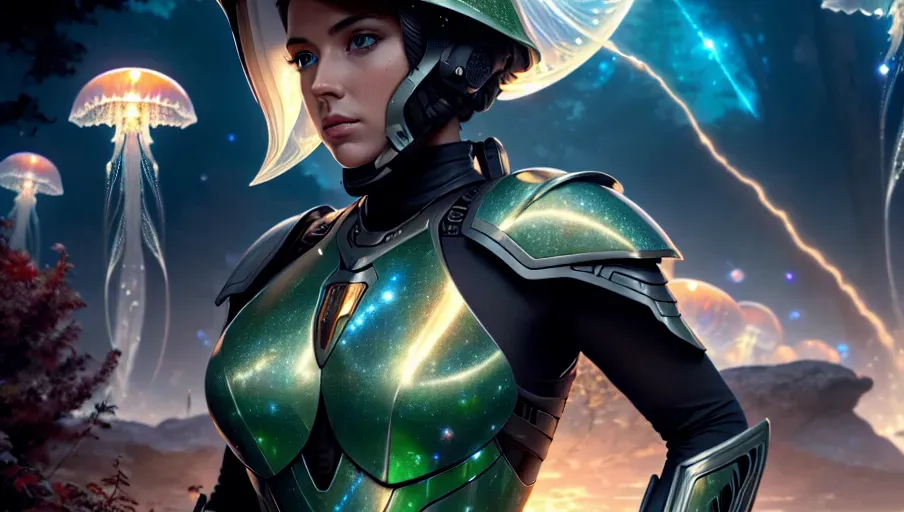 a photograph of, a beautiful elf female soldier wearing a futurist combat suit and holding a very powerful rifle is checking the area in a jellyfish forest, (integral modern armor covering the whole body), modern helmet, (beautiful face), highly detailed face, perfect green eyes, ((face and chest in frame)), ((close up face)), modern equipment in the hair, huge powerful rifle, looking around, <lora:dpmg_jellyfish_forest:1>, sci-fi, science fantasy, HDR, vivid colors, highest quality, highest resolution, (photorealist), photorealism, (masterpiece:1.4)