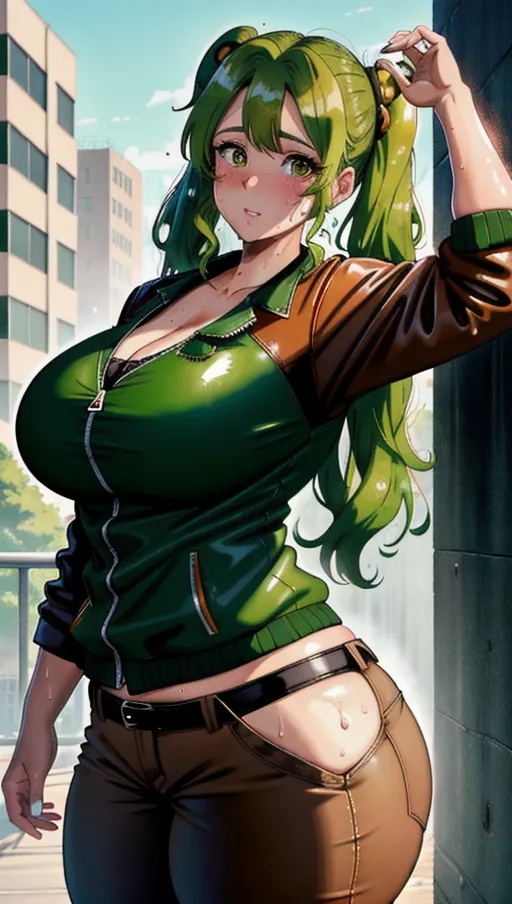 a photograph of, a bbw woman hera syndulla, milf, huge boobs, huge fat thighs, thicc, giant fat ass, huge fat butt, huge wide hips, five fingers per hand, green hair, green twintails, straight hair, brown headband, brown shirt, brown leather jacket, orange cargo pants, curved eyebrows, sharp focus, editorial, detailed, artstation, greasy, sweaty, dripping sweat