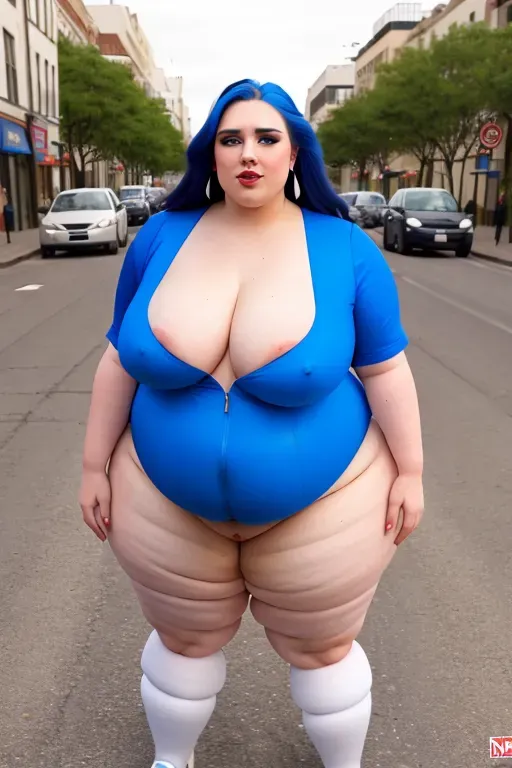 wide shot, 20 year old, a queen, thicc, obese, Ssbbw,naked, blue, street, day time, street lights, scared, 8k, professional