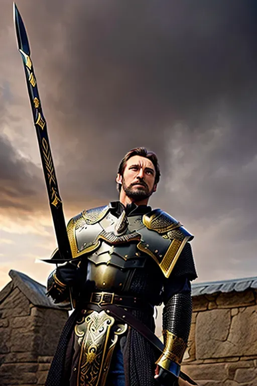 intricate highly detailed hugh jackman with graying hair and a goatee wearing medieval black thunderbird armor with gold accents and wielding a red bladed claymore