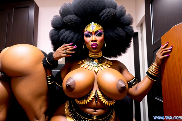 evil sexy black goddess with huge afro enormous tits and giant ass wearing tribal outfit twerking
