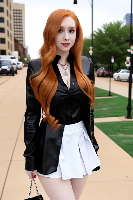 full body, strawberry blonde hair, hazel eyes, short girl, black miniskirt, black high heel boots, looking at viewer, long hair, pale skin, black necklace, white shirt, 24 years old, giant breasts, cute face, pov, wavy hair, city environment, Oklahoma City, wide eyes, erotic, skirt tug, bright blue trench coat