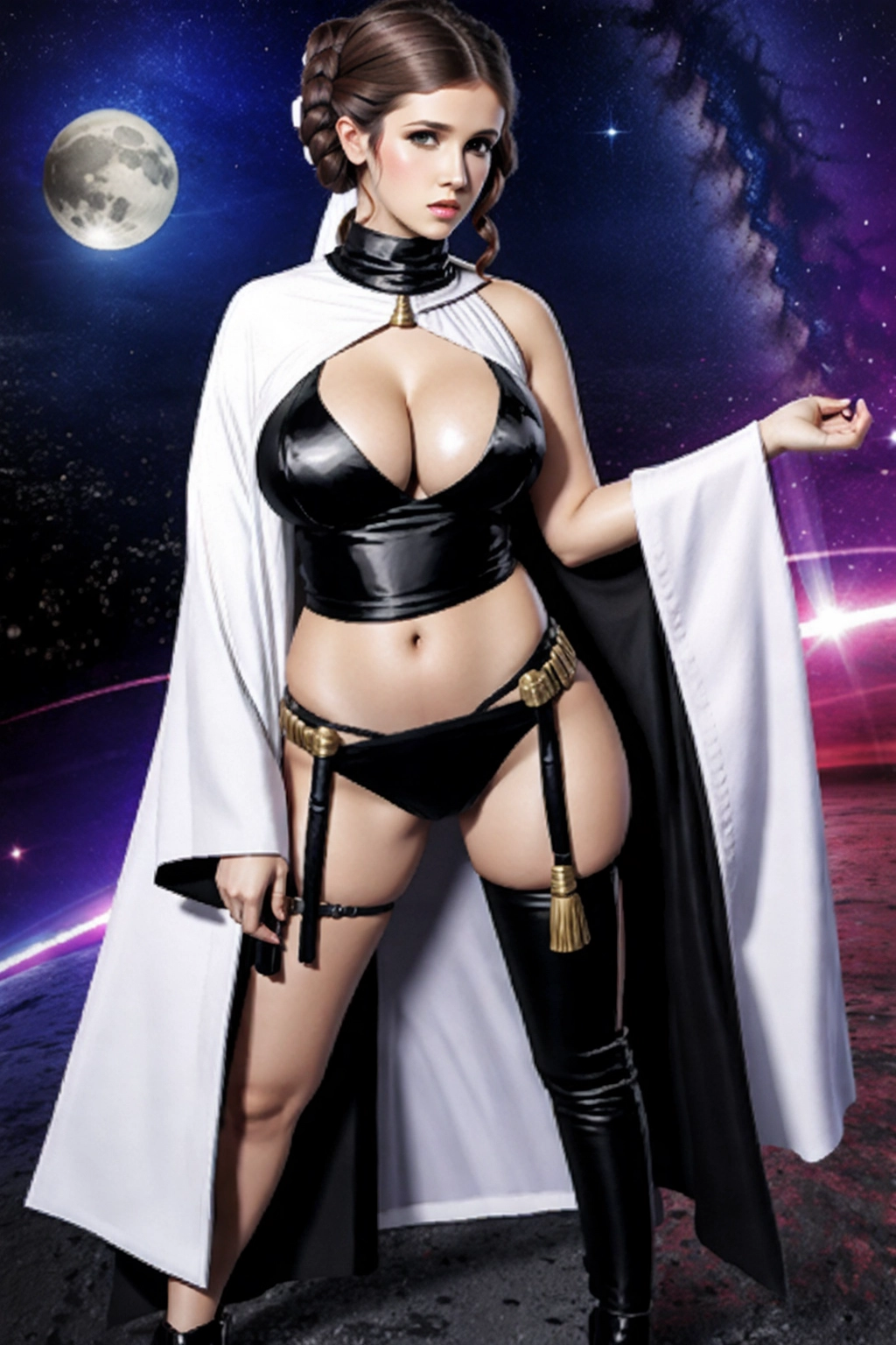 16K UHD, Visible Pussy Princess Leia, (big tits:1.3), full body, dark fantasy