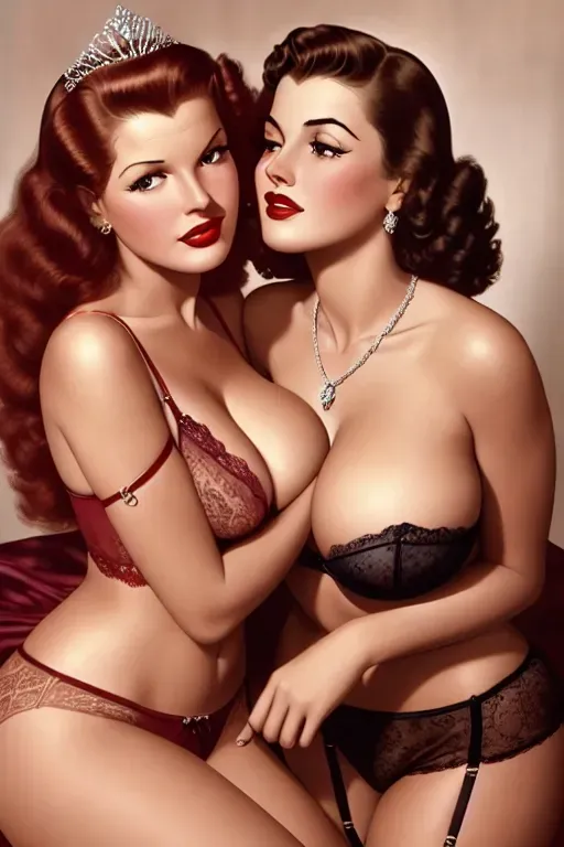 a colour painting of, ((young Rita Hayworth)) and ((PHedy Lamar)) ,two women, sexy lingerie, lesbian, embracing, kissing passionately, caressing each others thighs, five fingers per hand, beautiful lips, curved eyebrows,textured skin,highly detailed,editorial,medium lighting, realistic, big breasts, cleavage, wearing tiaras and necklaces, aroused facial expressions
